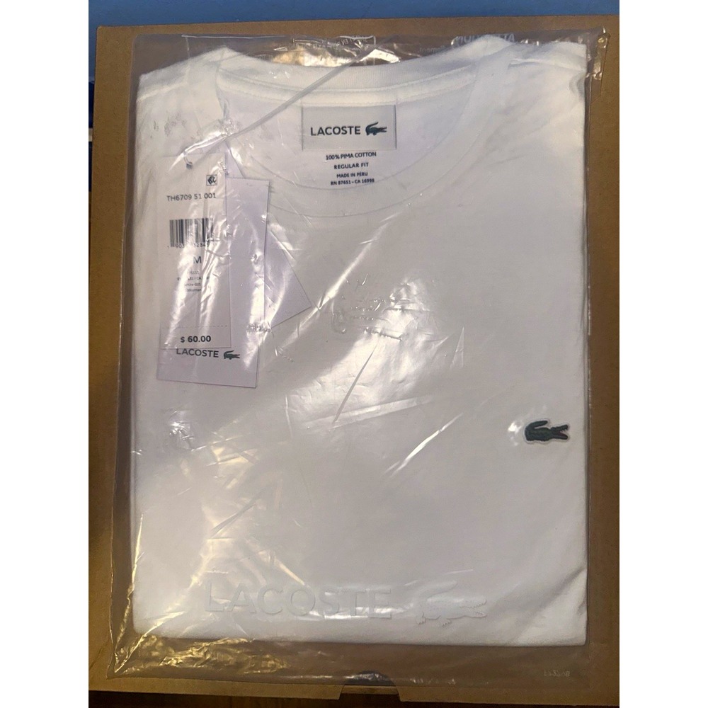 Lacoste Men's TH6709 White Pima Cotton Regular Fit Crew Neck T-Shirt, M